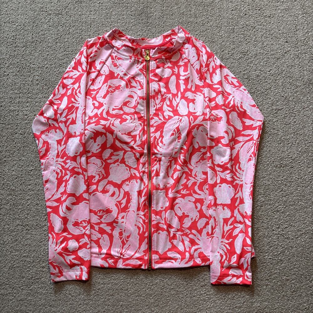 Lilly Pulitzer Royden Rashguard Zip Swim Top Crab Collab Pink Sz 16 MSRP $138